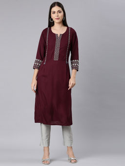 NEERU'S - Maroon Straight Casual Embroidered Straight Kurta