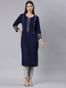 NEERU'S - Navy Blue Straight Casual Embroidered Straight Kurta