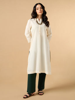 COTTONS DAILY - Classic Linen Off White Straight Long Kurta