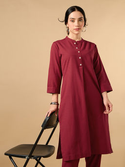 COTTONS DAILY - Classic Linen Maroon Straight Long Kurta