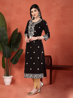 Rama's - Women Black Floral Embroidered Pure Cotton Straight Kurta