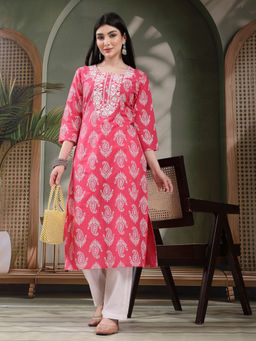 Rama's - Women Pink Color Embroidery Printed Straight Kurta