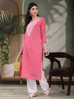 Rama's - Women Pink Color Embroidery Printed Straight Kurta