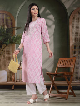 Rama's - Women Light Pink Color Embroidery Printed Straight Kurta