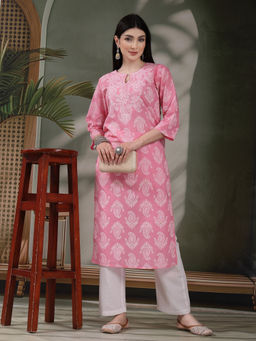 Rama's - Women Light Pink Color Embroidery Printed Straight Kurta
