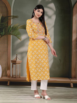 Rama's - Women Mustard Color Embroidery Printed Straight Kurta