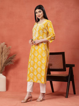 Rama's - Women Mustard Color Embroidery Printed Straight Kurta
