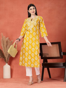 Rama's - Women Mustard Color Embroidery Printed Straight Kurta