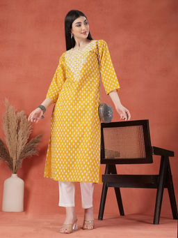 Rama's - Women Mustard Color Embroidery Printed Straight Kurta