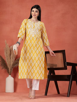 Rama's - Women Mustard Color Embroidery Printed Straight Kurta