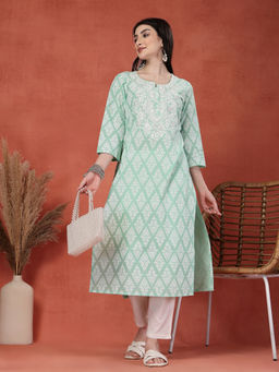 Rama's - Women Sea Green Color Embroidery Printed Straight Kurta