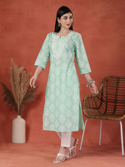 Rama's - Women Sea Green Color Embroidery Printed Straight Kurta