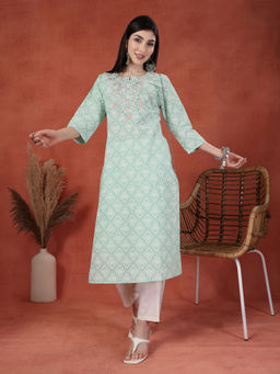 Rama's - Women Sea Green Color Embroidery Printed Straight Kurta