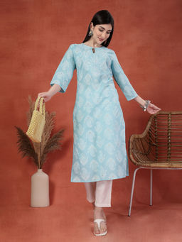 Rama's - Women Turquoise Color Embroidery Printed Straight Kurta