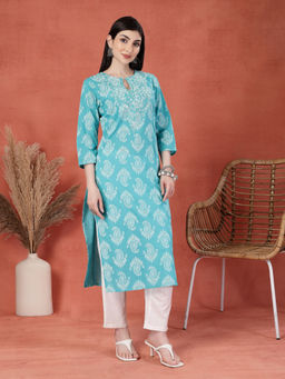 Rama's - Women Turquoise Color Embroidery Printed Straight Kurta