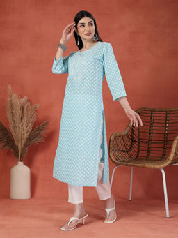 Rama's - Women Turquoise Color Embroidery Printed Straight Kurta