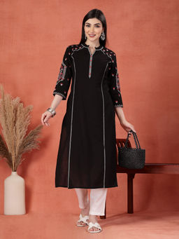 Rama's - Women Black Ethnic Motifs Embroidered Cotton Straight Kurta
