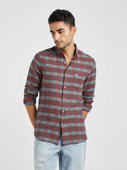 The Bear House - Men Maroon Checked Slim Fit Cotton Casual Shirt