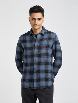 The Bear House - Men Navy Blue Checked Slim Fit Flannel Cotton Casual Shirt