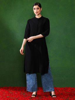 Jaipur Kurti - Women Black Solid Straight Kurta