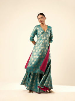 Abhishti - Lotus Jaal Baranasi Silk Teal Kurta