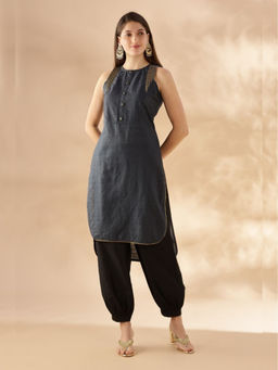 Abhishti - Gold Zari Check Midnight Blue Kurta