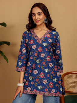 Chowkhat - Blue Hand Screen Printed Pure Cotton Kurti