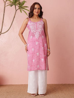 Chowkhat - Pink Handloom Chikankari Cotton Strap Kurta