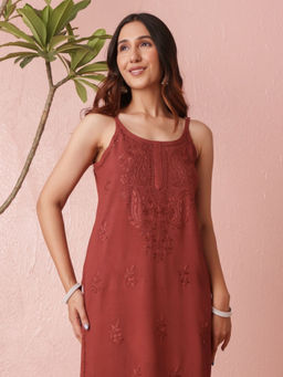 Chowkhat - Brown Handloom Chikankari Rayon Strap Kurta