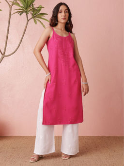 Chowkhat - Pink Handloom Chikankari Rayon Strap Kurta