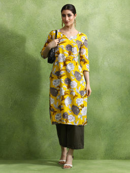 Jaipur Kurti - Women Yellow Floral Printed Straight Kurta