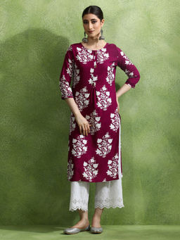 Jaipur Kurti - Women Wine Floral Printed Straight Kurta