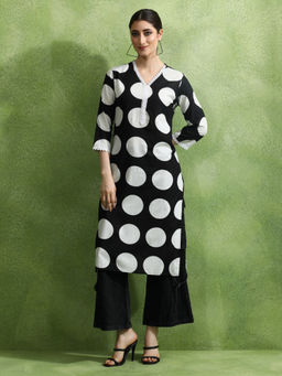 Jaipur Kurti - Women Black Polka Dots Printed Straight Kurta