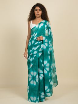 Suta - Teal and White Handcrafted Shibori Cotton Saree
