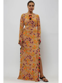 PS Pret by Payal Singhal - Brown Printed Crepe Long Beyza Dress with Belt (Set of 2)