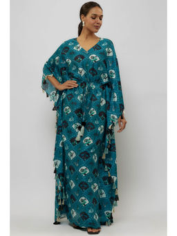 PS Pret by Payal Singhal - Teal Printed Silk Mul Kaftan