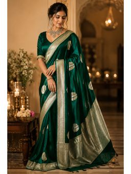 SAJAVAT ETHENIC WEAR - Emerald Green Banarasi Silk Saree with Unstitched Blouse