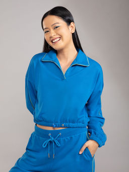 Twenty Dresses by Nykaa Fashion - Basics Blue Solid Collar Neck Sweatshirt