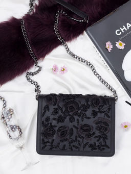 The Leather Garden - Black Iris Black Embellished Sling Bag