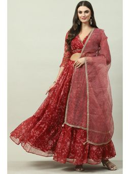 Biba - Red Printed Lehenga (Set of 3)