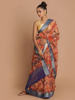 Indethnic - Banarasi Beige Printed Party Wear Saree With Unstitched Blouse