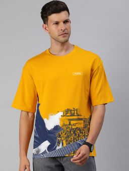 Huetrap - Mens Graphic Round Neck Drop Shoulder Relaxed Fit Golden Yellow T-Shirt