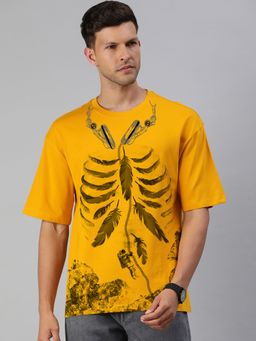 Huetrap - Mens Printed Round Neck Drop Shoulder Relaxed Fit Yellow T-Shirt