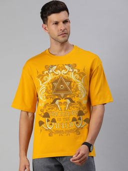 Huetrap - Mens Printed Round Neck Drop Shoulder Relaxed Fit Golden Yellow T-Shirt