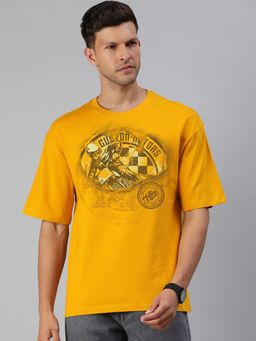 Huetrap - Mens Printed Round Neck Drop Shoulder Relaxed Fit Golden Yellow T-Shirt