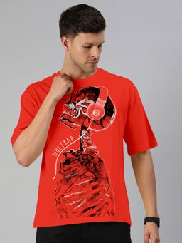 Huetrap - Mens Printed Round Neck Drop Shoulder Relaxed Fit Red T-Shirt