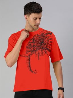 Huetrap - Mens Printed Round Neck Drop Shoulder Relaxed Fit Red T-Shirt