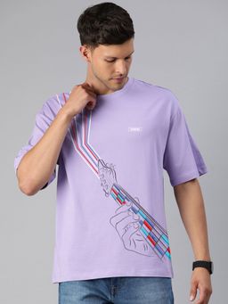 Huetrap - Mens Printed Round Neck Drop Shoulder Relaxed Fit Lavender Tulip T-Shirt