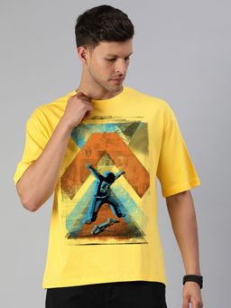 Huetrap - Mens Printed Round Neck Drop Shoulder Relaxed Fit Yellow T-Shirt