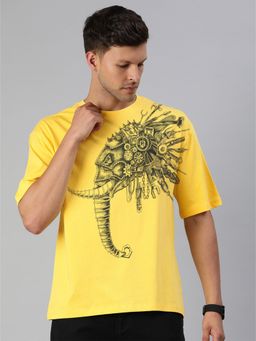 Huetrap - Mens Printed Round Neck Drop Shoulder Relaxed Fit Yellow T-Shirt